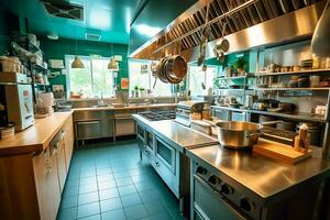 Inside clean kitchen of a modern restaurant or mini cafe with cooking utensils and small bar counter concept by AI Generated photo