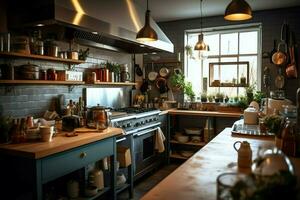 Inside clean kitchen of a modern restaurant or mini cafe with cooking utensils and small bar counter concept by AI Generated photo