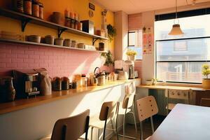 dentro limpiar cocina de un moderno restaurante o mini café con Cocinando utensilios y pequeño bar mostrador concepto por ai generado foto