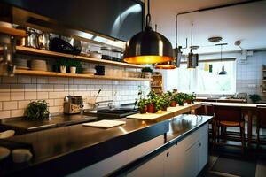 dentro limpiar cocina de un moderno restaurante o mini café con Cocinando utensilios y pequeño bar mostrador concepto por ai generado foto