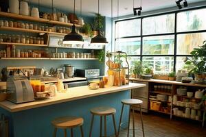 Inside clean kitchen of a modern restaurant or mini cafe with cooking utensils and small bar counter concept by AI Generated photo