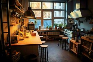 Inside clean kitchen of a modern restaurant or mini cafe with cooking utensils and small bar counter concept by AI Generated photo