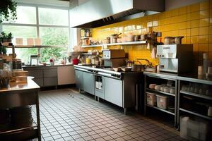 Inside clean kitchen of a modern restaurant or mini cafe with cooking utensils and small bar counter concept by AI Generated photo