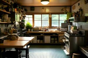 Inside clean kitchen of a modern restaurant or mini cafe with cooking utensils and small bar counter concept by AI Generated photo