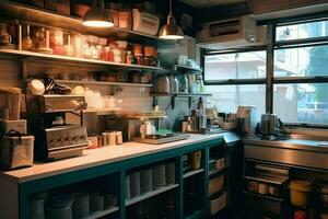 Inside clean kitchen of a modern restaurant or mini cafe with cooking utensils and small bar counter concept by AI Generated photo