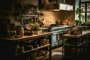 Inside clean kitchen of a modern restaurant or mini cafe with cooking utensils and small bar counter concept by AI Generated photo