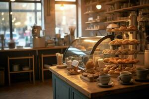 Inside clean kitchen of a modern restaurant or mini cafe with cooking utensils and small bar counter concept by AI Generated photo