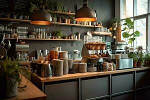 Inside clean kitchen of a modern restaurant or mini cafe with cooking utensils and small bar counter concept by AI Generated photo