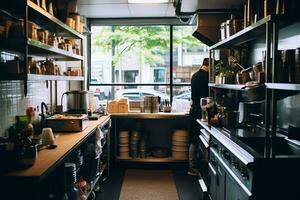 dentro limpiar cocina de un moderno restaurante o mini café con Cocinando utensilios y pequeño bar mostrador concepto por ai generado foto