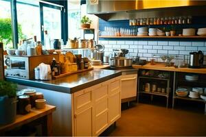 Inside clean kitchen of a modern restaurant or mini cafe with cooking utensils and small bar counter concept by AI Generated photo