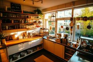 Inside clean kitchen of a modern restaurant or mini cafe with cooking utensils and small bar counter concept by AI Generated photo