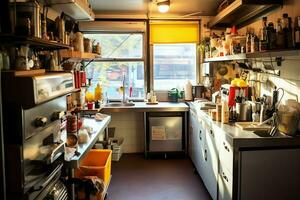 dentro limpiar cocina de un moderno restaurante o mini café con Cocinando utensilios y pequeño bar mostrador concepto por ai generado foto