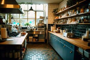 Inside clean kitchen of a modern restaurant or mini cafe with cooking utensils and small bar counter concept by AI Generated photo