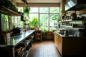 Inside clean kitchen of a modern restaurant or mini cafe with cooking utensils and small bar counter concept by AI Generated photo