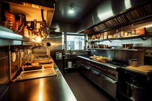 Inside clean kitchen of a modern restaurant or mini cafe with cooking utensils and small bar counter concept by AI Generated photo