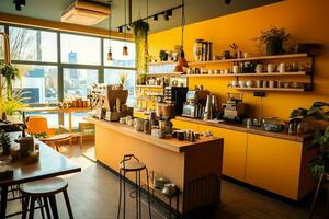 Inside clean kitchen of a modern restaurant or mini cafe with cooking utensils and small bar counter concept by AI Generated photo