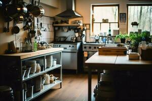 dentro limpiar cocina de un moderno restaurante o mini café con Cocinando utensilios y pequeño bar mostrador concepto por ai generado foto