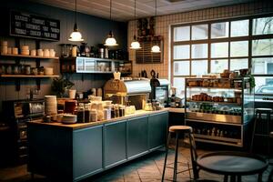 dentro limpiar cocina de un moderno restaurante o mini café con Cocinando utensilios y pequeño bar mostrador concepto por ai generado foto