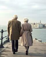 Happy senior couple walking on promenade in european city,AI Generative photo