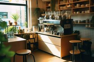 Inside clean kitchen of a modern restaurant or mini cafe with cooking utensils and small bar counter concept by AI Generated photo