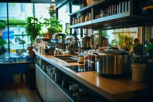 Inside clean kitchen of a modern restaurant or mini cafe with cooking utensils and small bar counter concept by AI Generated photo