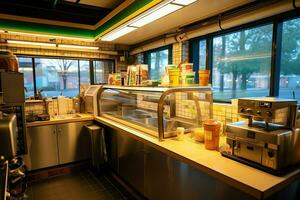 Inside clean kitchen of a modern restaurant or mini cafe with cooking utensils and small bar counter concept by AI Generated photo