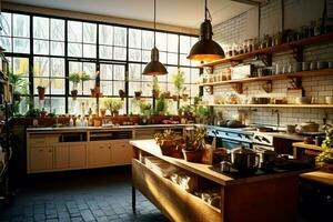 Inside clean kitchen of a modern restaurant or mini cafe with cooking utensils and small bar counter concept by AI Generated photo