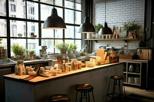 Inside clean kitchen of a modern restaurant or mini cafe with cooking utensils and small bar counter concept by AI Generated photo