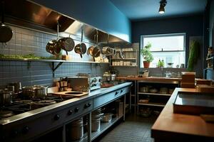 Inside clean kitchen of a modern restaurant or mini cafe with cooking utensils and small bar counter concept by AI Generated photo