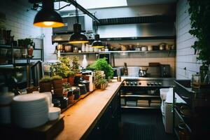 dentro limpiar cocina de un moderno restaurante o mini café con Cocinando utensilios y pequeño bar mostrador concepto por ai generado foto