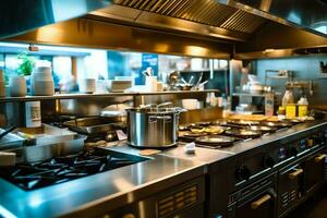 Inside clean kitchen of a modern restaurant or mini cafe with cooking utensils and small bar counter concept by AI Generated photo