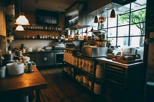 Inside clean kitchen of a modern restaurant or mini cafe with cooking utensils and small bar counter concept by AI Generated photo