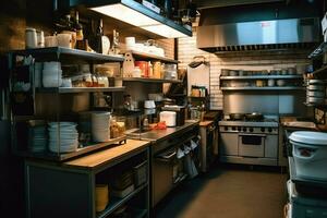 Inside clean kitchen of a modern restaurant or mini cafe with cooking utensils and small bar counter concept by AI Generated photo