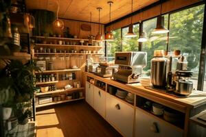 Inside clean kitchen of a modern restaurant or mini cafe with cooking utensils and small bar counter concept by AI Generated photo