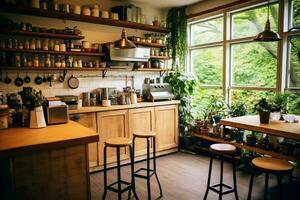 Inside clean kitchen of a modern restaurant or mini cafe with cooking utensils and small bar counter concept by AI Generated photo