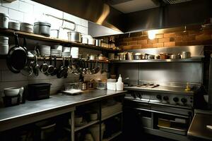 Inside clean kitchen of a modern restaurant or mini cafe with cooking utensils and small bar counter concept by AI Generated photo