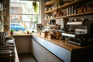 Inside clean kitchen of a modern restaurant or mini cafe with cooking utensils and small bar counter concept by AI Generated photo