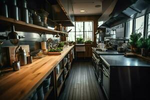 Inside clean kitchen of a modern restaurant or mini cafe with cooking utensils and small bar counter concept by AI Generated photo