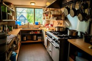 Inside clean kitchen of a modern restaurant or mini cafe with cooking utensils and small bar counter concept by AI Generated photo