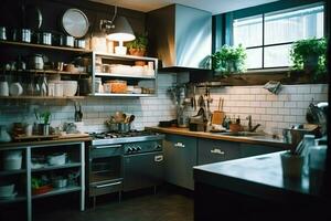 Inside clean kitchen of a modern restaurant or mini cafe with cooking utensils and small bar counter concept by AI Generated photo