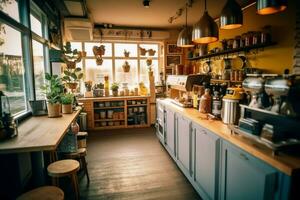 Inside clean kitchen of a modern restaurant or mini cafe with cooking utensils and small bar counter concept by AI Generated photo