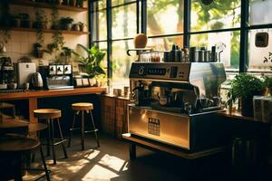 dentro limpiar cocina de un moderno restaurante o mini café con Cocinando utensilios y pequeño bar mostrador concepto por ai generado foto