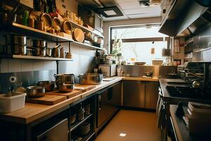 dentro limpiar cocina de un moderno restaurante o mini café con Cocinando utensilios y pequeño bar mostrador concepto por ai generado foto