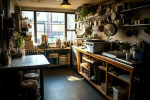 Inside clean kitchen of a modern restaurant or mini cafe with cooking utensils and small bar counter concept by AI Generated photo