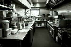 Inside clean kitchen of a modern restaurant or mini cafe with cooking utensils and small bar counter concept by AI Generated photo