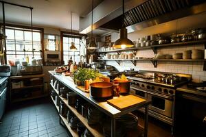 Inside clean kitchen of a modern restaurant or mini cafe with cooking utensils and small bar counter concept by AI Generated photo