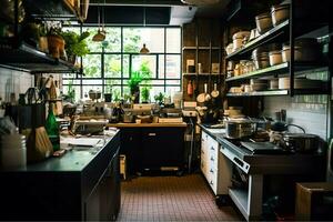 Inside clean kitchen of a modern restaurant or mini cafe with cooking utensils and small bar counter concept by AI Generated photo