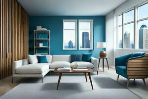 a modern living room with blue walls and wood paneling. AI-Generated photo