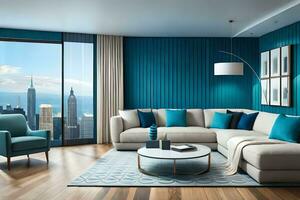 a modern living room with blue walls and a view of the city. AI-Generated photo