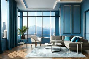 a modern living room with blue walls and a view of the ocean. AI-Generated photo